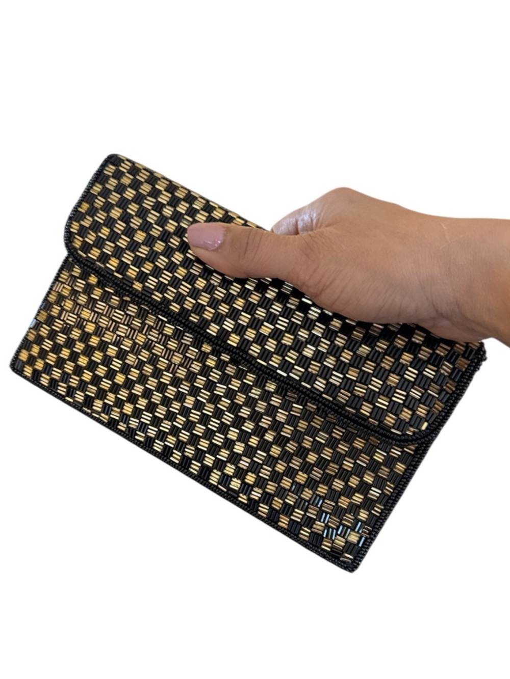 Vintage Beaded Checkerboard Clutch Crossbody Bag Gold Black Art Deco